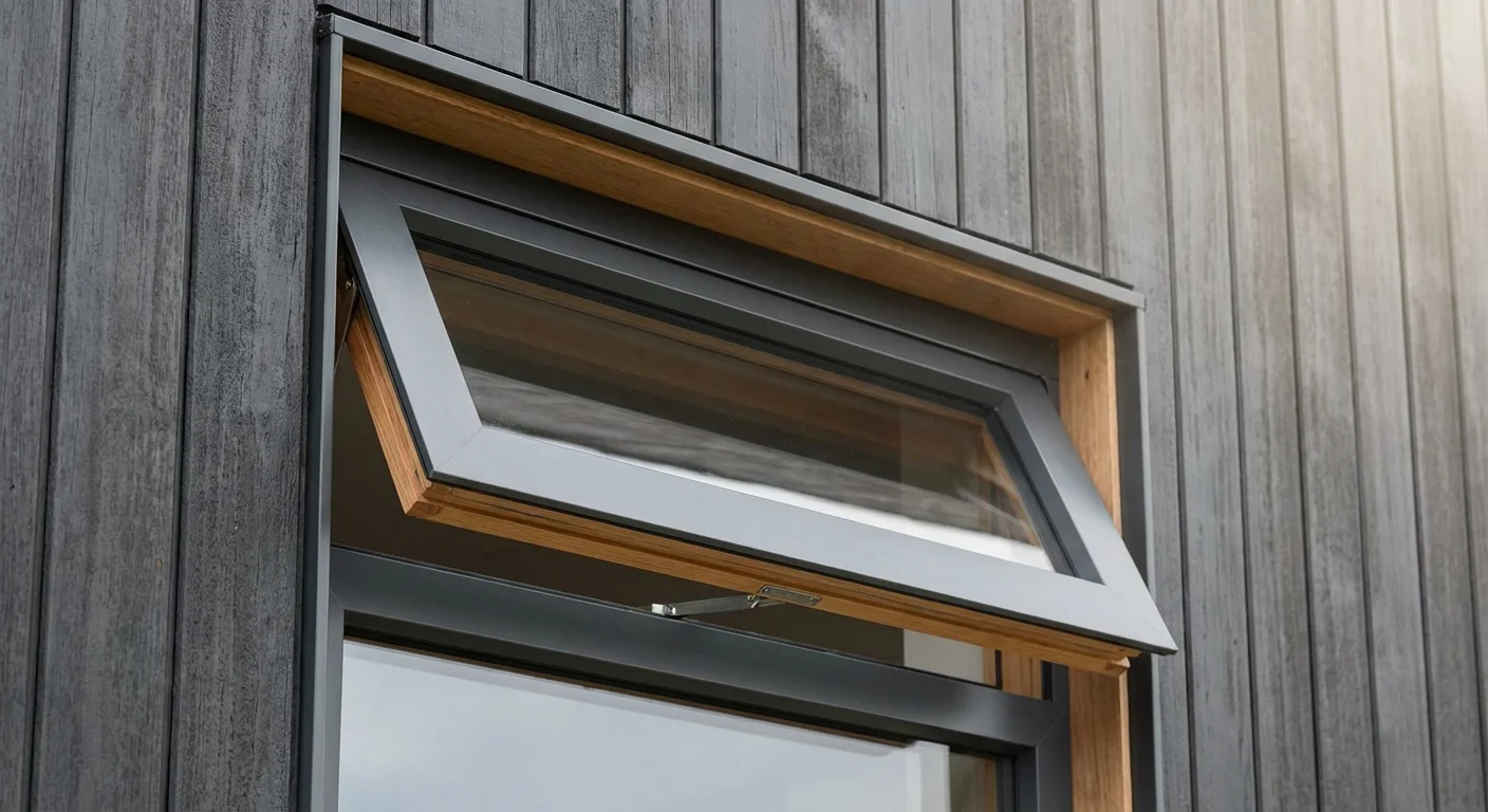 Коричневое дерево-алюминиевое окно на сером деревянном фасаде - вид с угла