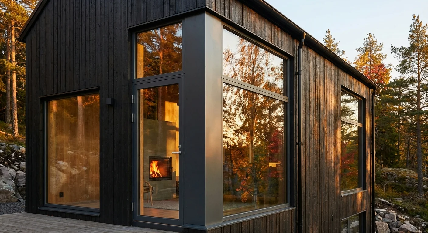 Коричневое дерево-алюминиевое окно на тёмно-сером деревянном фасаде с осенним пейзажем