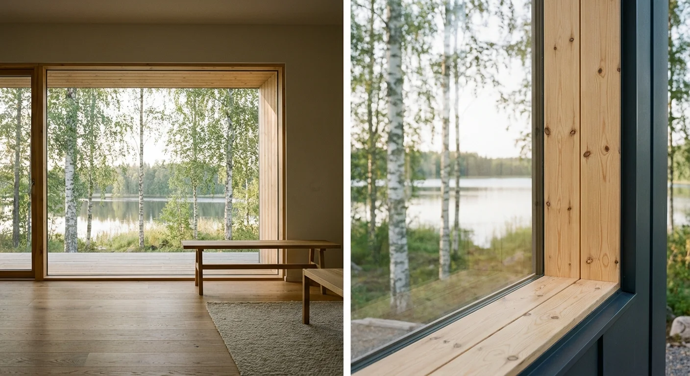 Внутренний вид деревянного окна из натуральной сосны с видом на берёзы и озеро