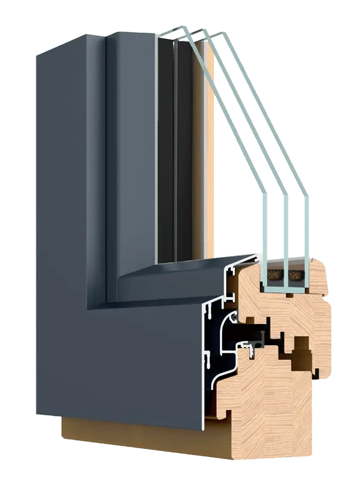 Дерево-алюминиевое окно alu-clad - вид снаружи: тёмная алюминиевая облицовка