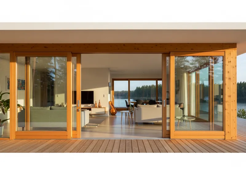 Деревянные раздвижные двери, открытые на террасу с видом на озеро, сосновая рама