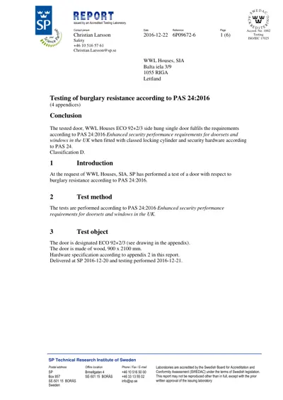 Сертификат PAS24 ECO 92 однопольной двери