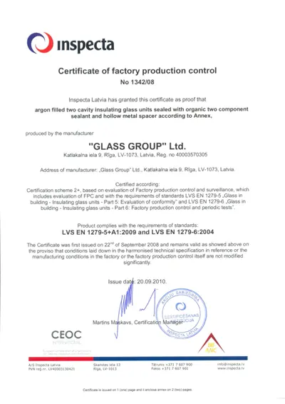 Сертификат EN 1279 изоляционного стеклопакета