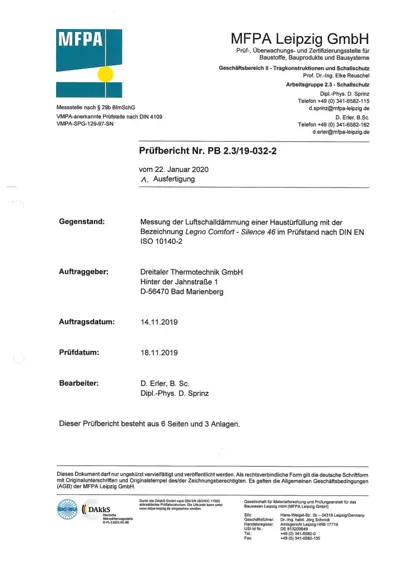 Отчёт шумоизоляции Legno Comfort Silence 46 дБ