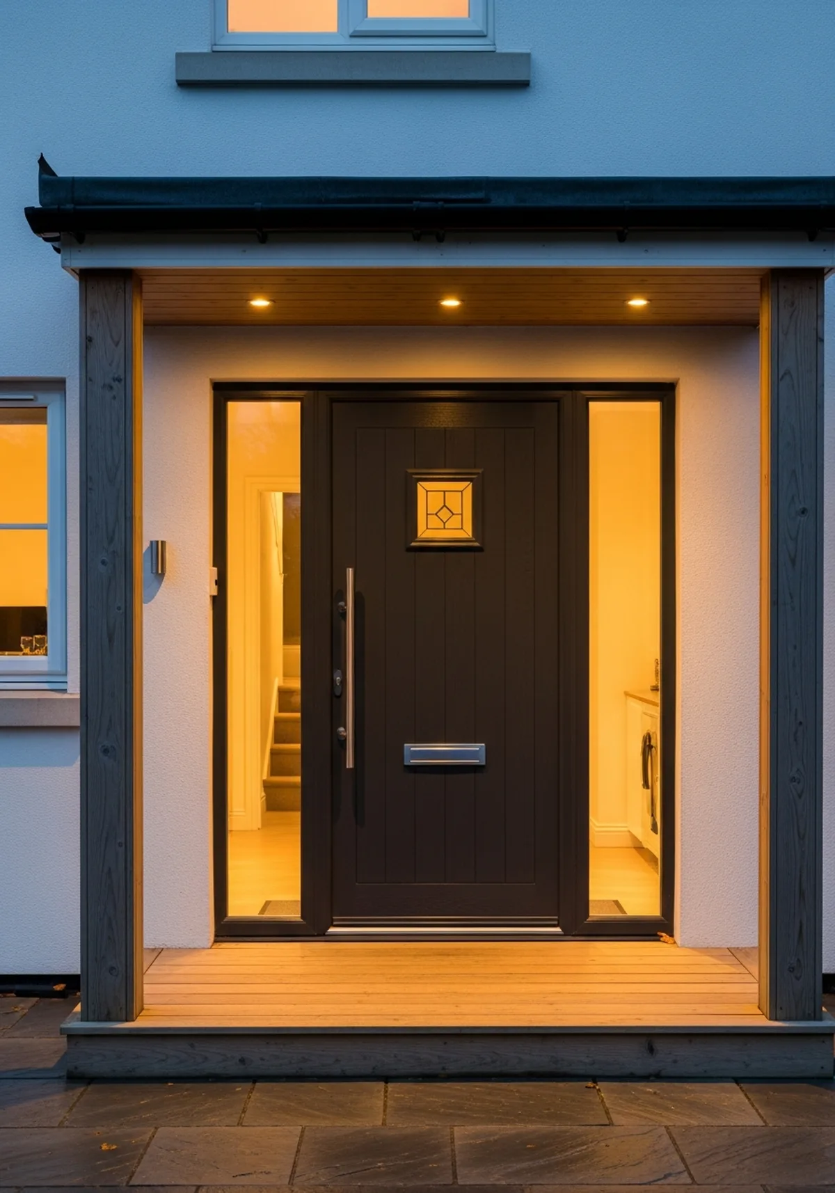 Тёмная входная деревянная дверь с тёплой подсветкой крыльца на современном скандинавском доме