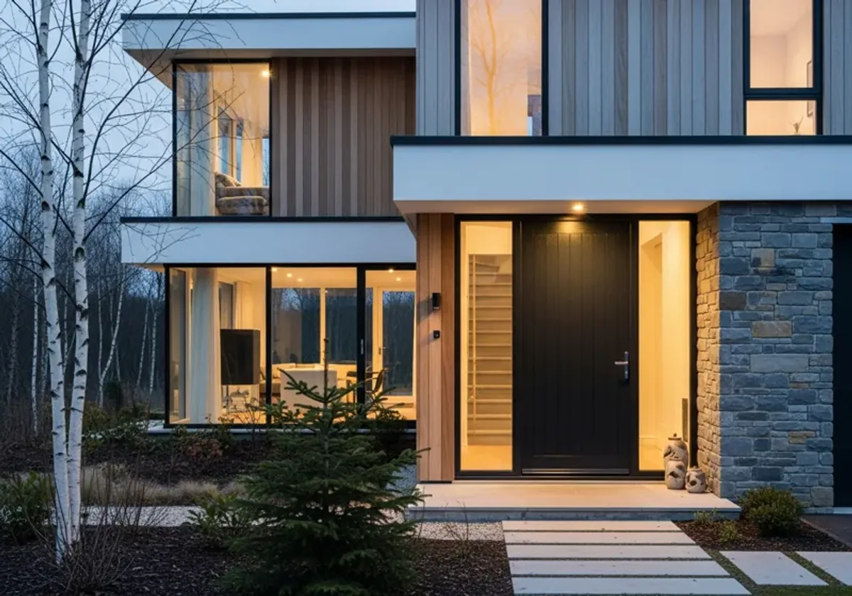 Тёмная входная деревянная дверь с боковыми окнами на современном фасаде из камня и дерева