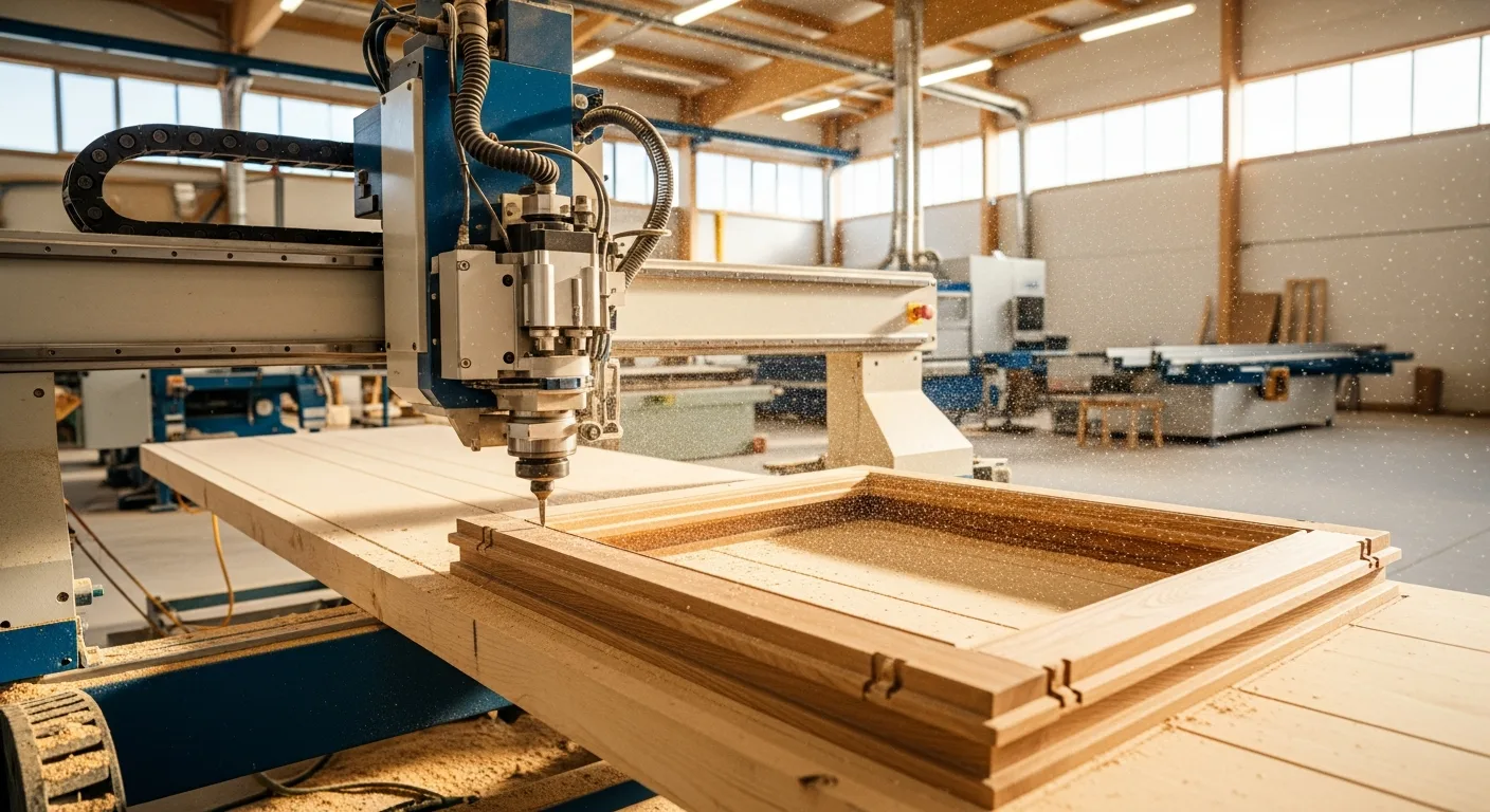 Как покрасить деревянные окна: рама на этапе ЧПУ-фрезеровки на фабрике Windows Latvia в Калнциемсе