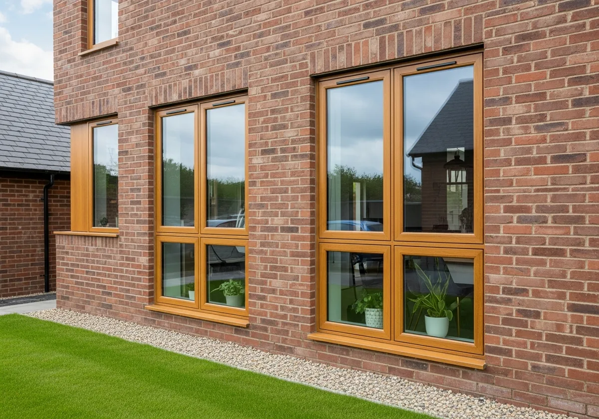 Огнестойкие деревянные окна на фасаде кирпичного многоквартирного дома