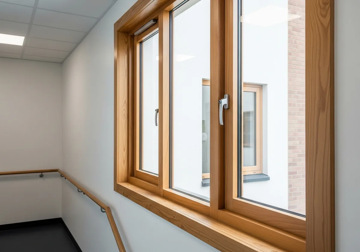 Огнестойкие деревянные окна в коммерческой лестничной клетке - натуральная сосна