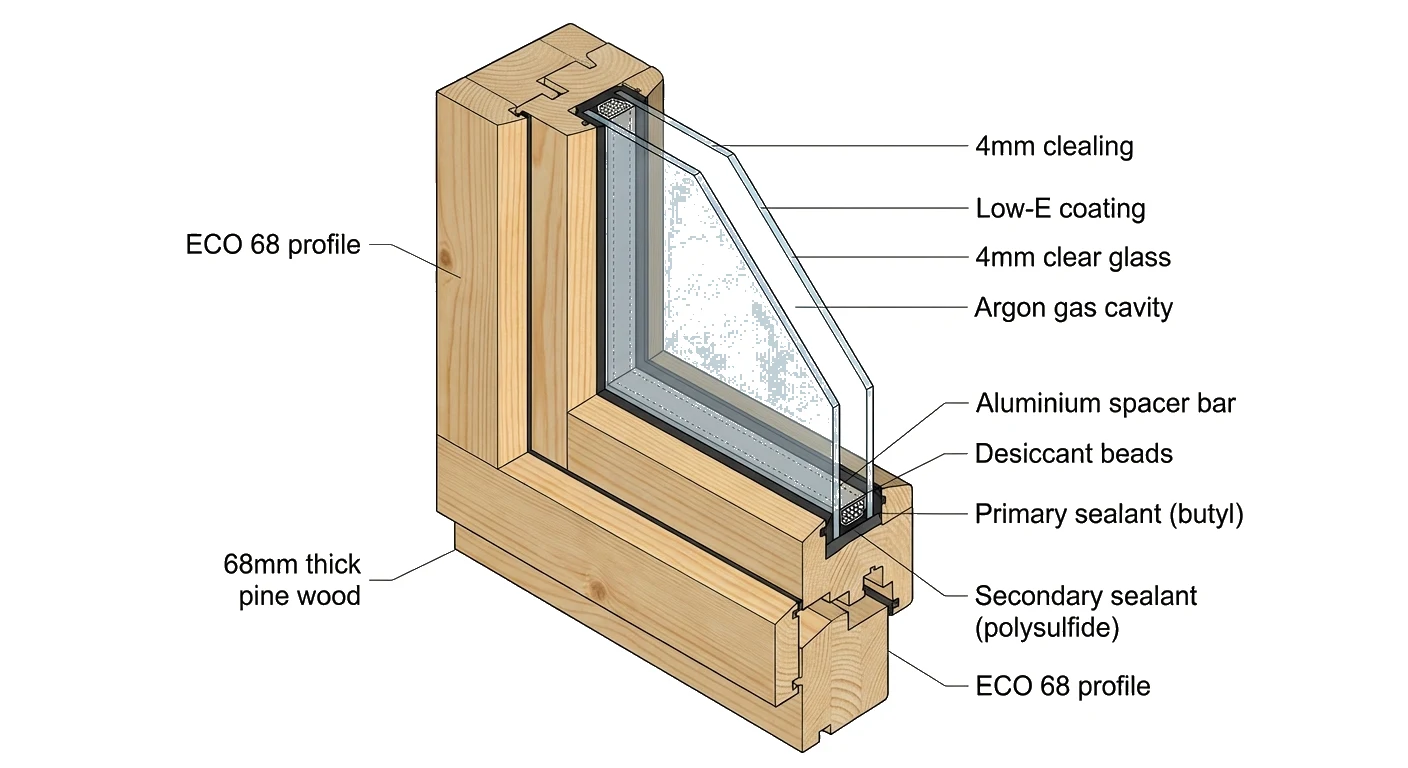 Варианты стеклопакетов: двойной стеклопакет - сечение 2 стекла для деревянных окон