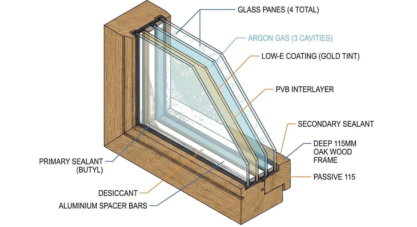 Варианты стеклопакетов: четырёхстекольный пакет с PVB интерслоями для пассивного дома