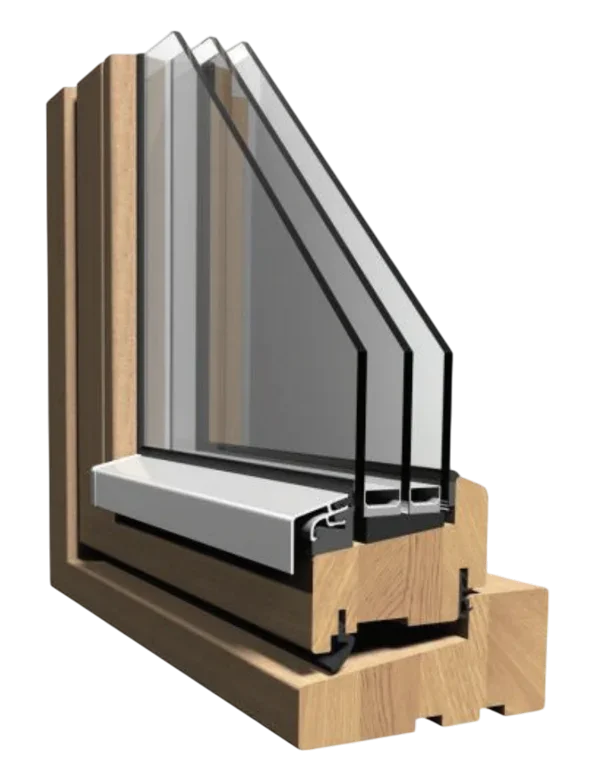 Сечение профиля Premium 115 для скандинавских деревянных окон с открыванием наружу
