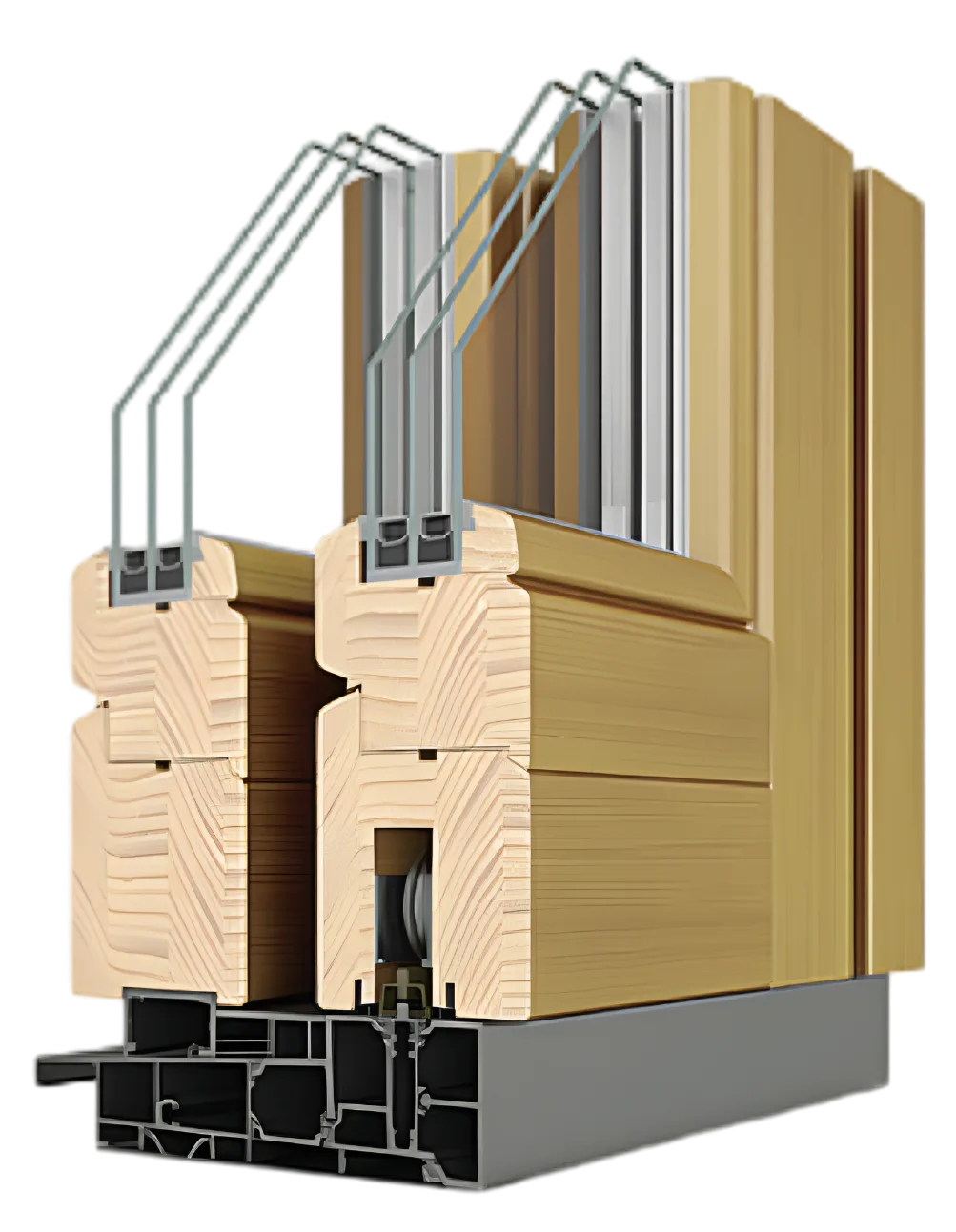Сечение раздвижной деревянной двери на профиле ECO 92 с тройным остеклением и lift-and-slide механизмом