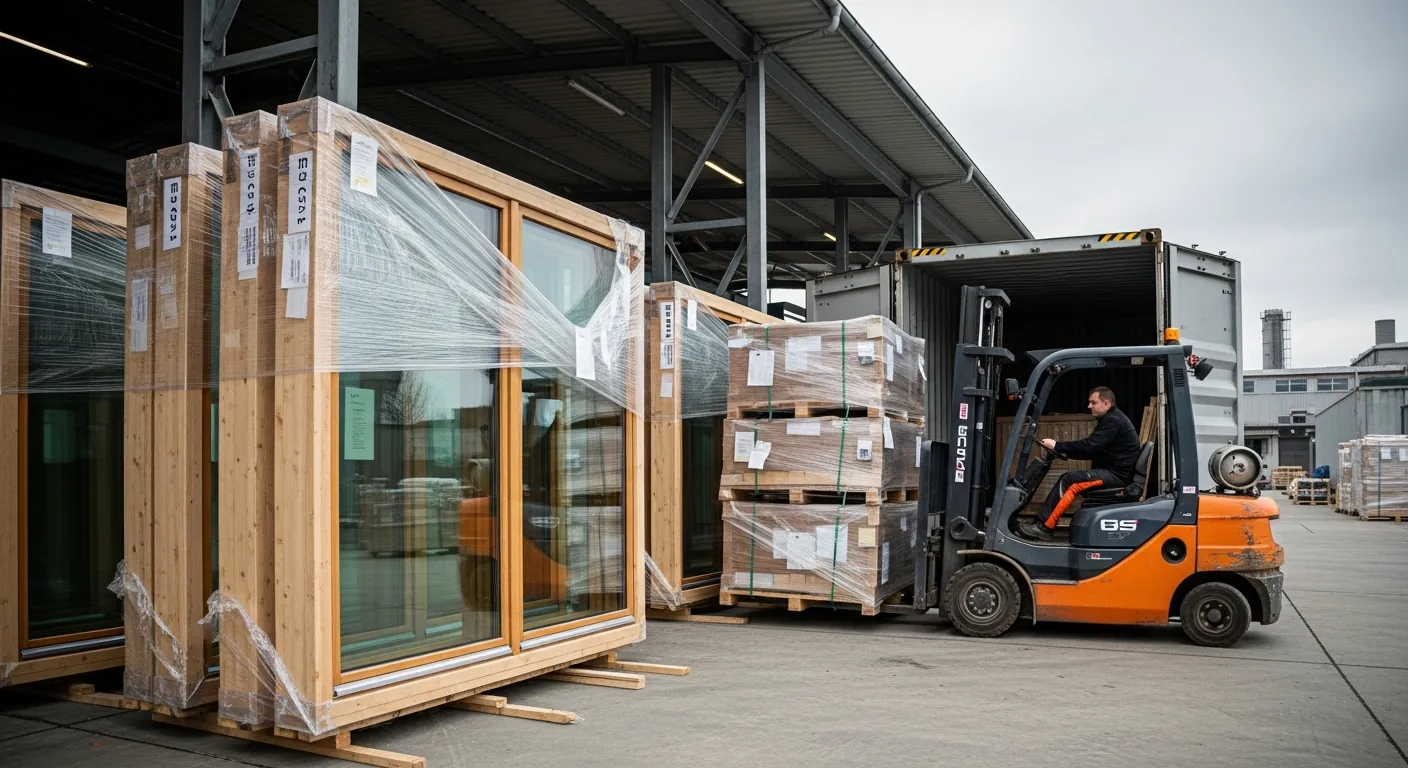 Деревянные окна на погрузке в грузовик для экспорта под ключ с завода в Калнциемсе