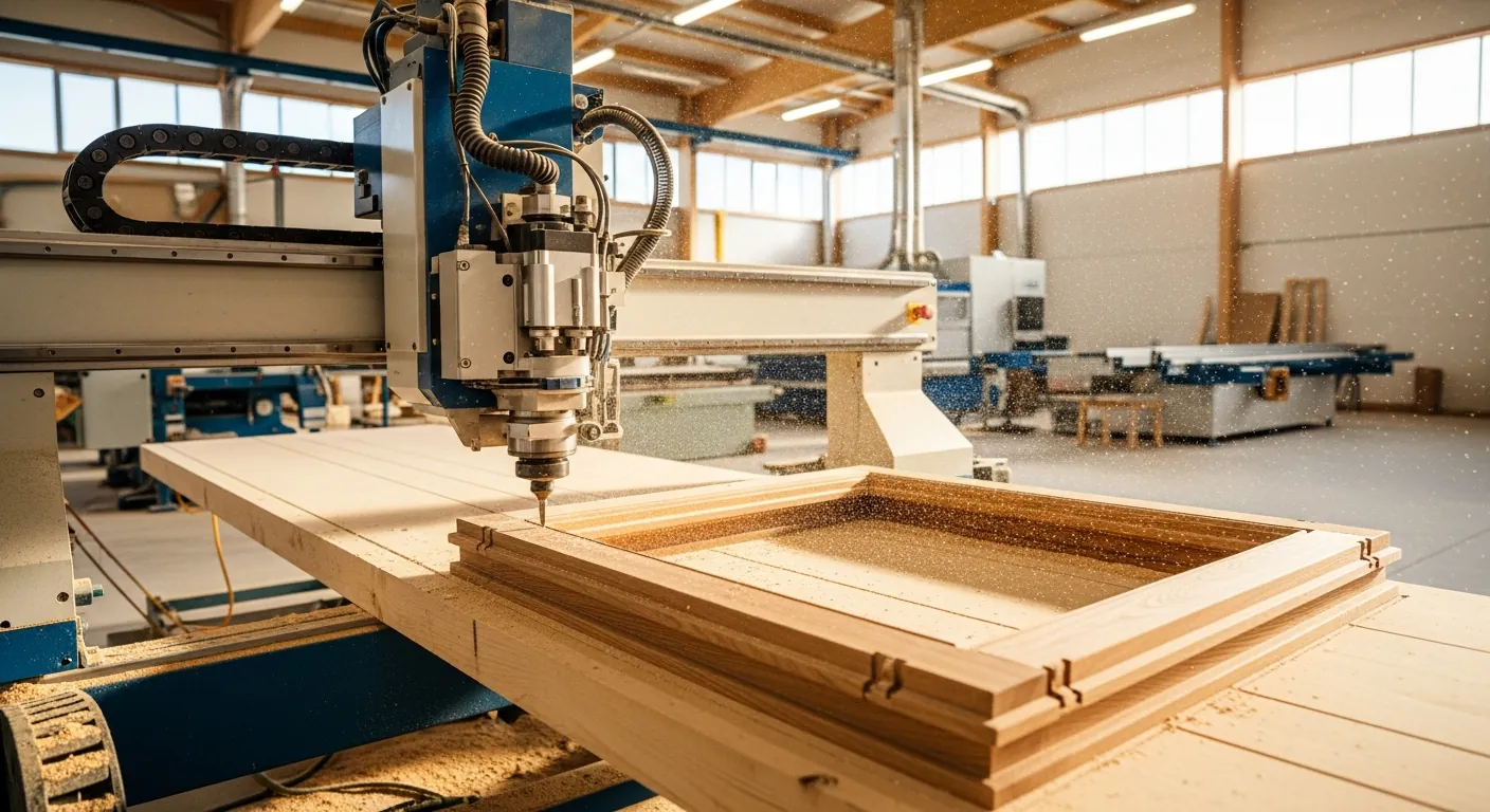 ЧПУ обработка деревянной оконной рамы на фабрике Windows Latvia в Калнциемсе