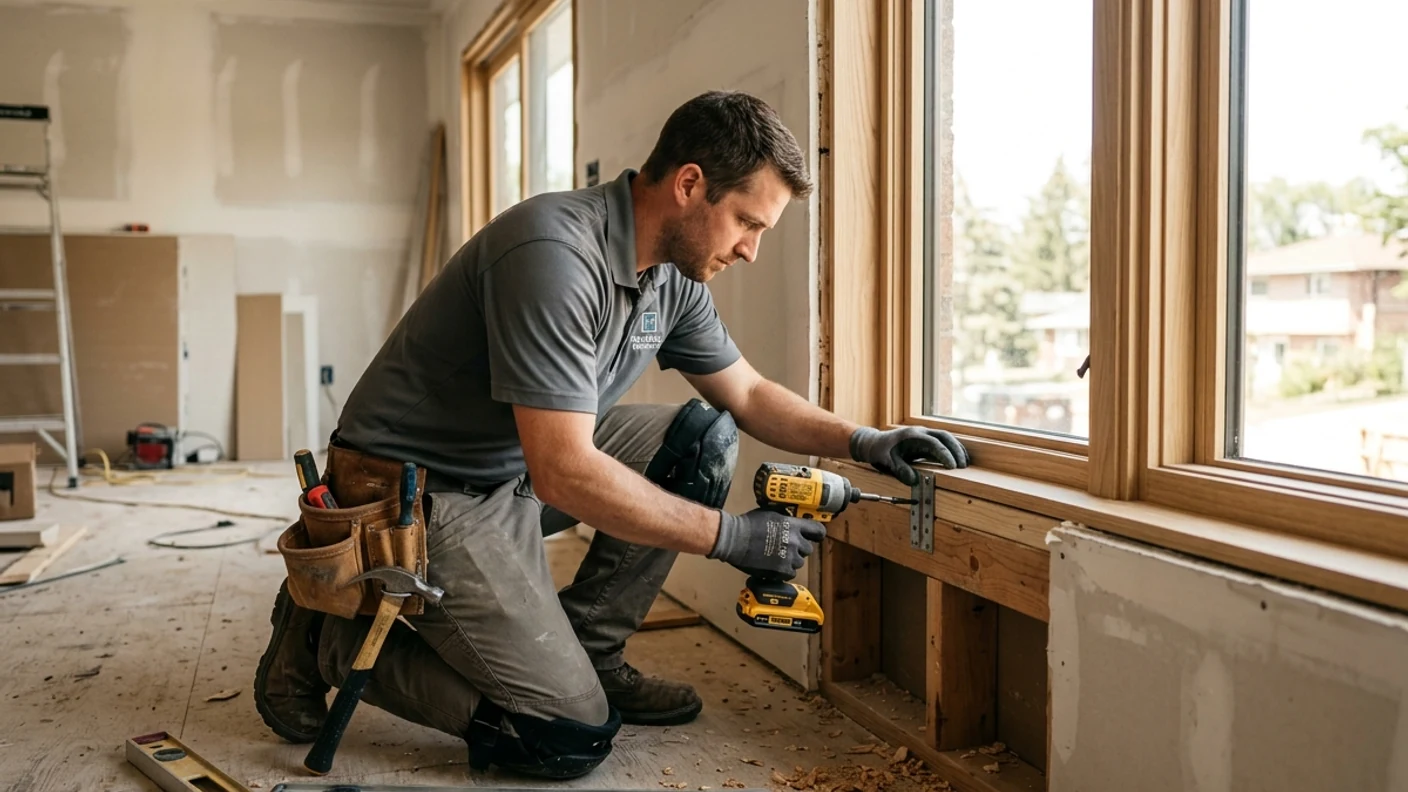 Монтажник закрепляет деревянное окно на жилом объекте при реновации