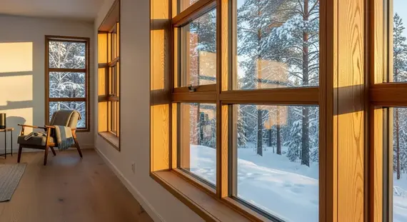 Wooden windows manufacturer Europe - quadruple glazed timber window in Scandinavian living room