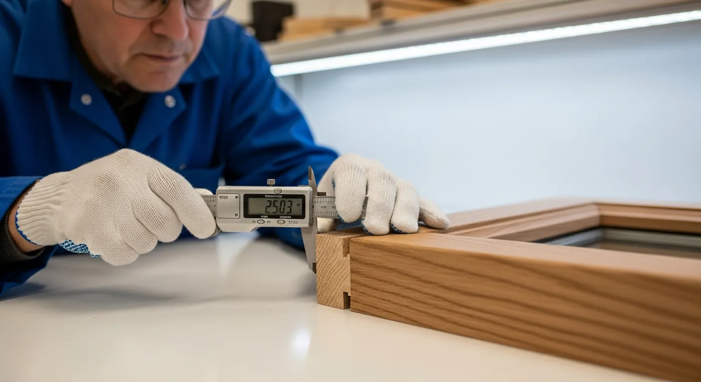 Контроль качества деревянного окна с измерением цифровым штангенциркулем
