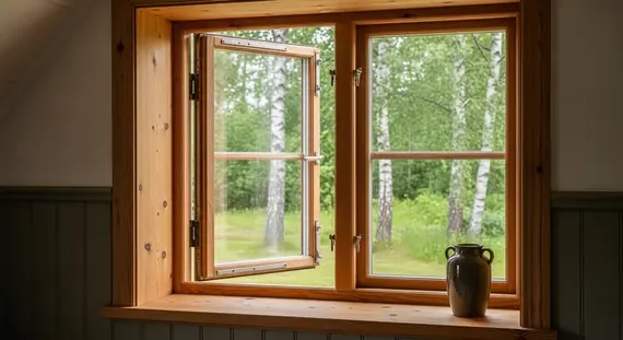Scandinavian wooden windows - outward opening pine timber with Nordic garden view