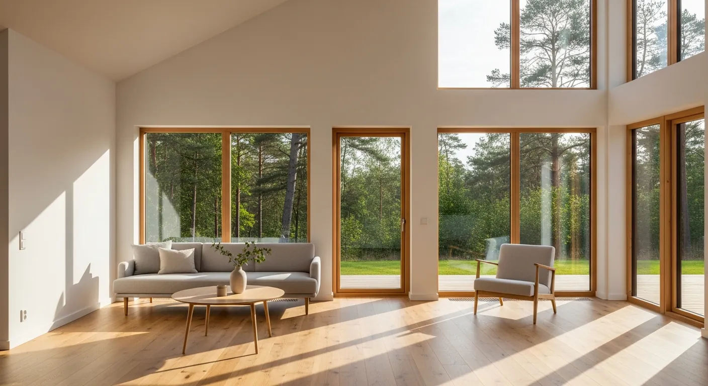 Установленные деревянные окна в скандинавском интерьере с видом на сад