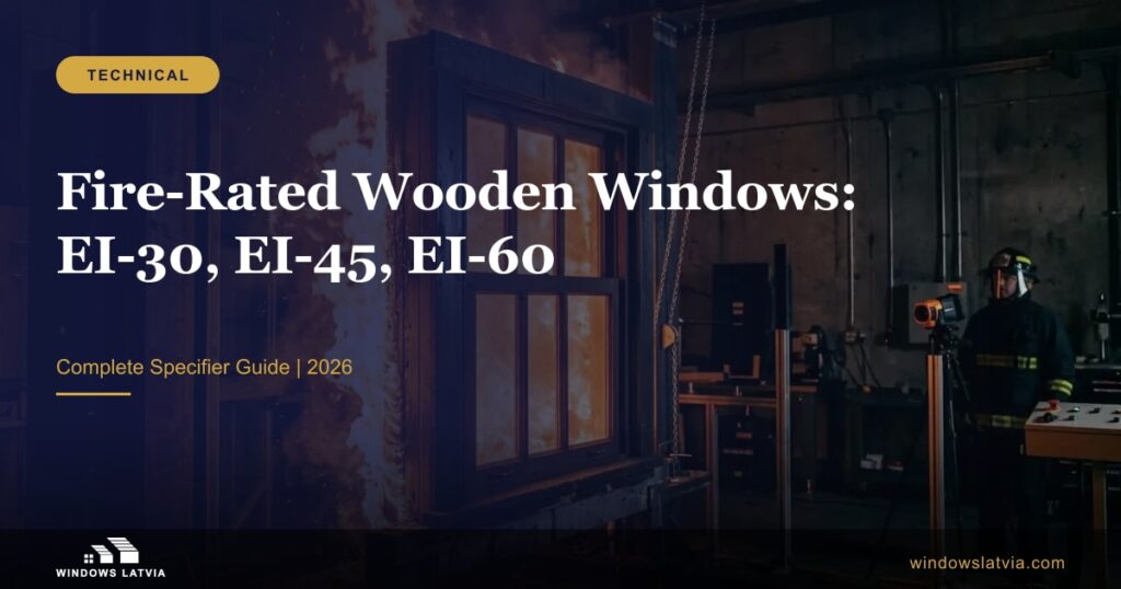 A wooden window undergoing an EI fire resistance test inside a test chamber with a firefighter observing through a thermal camera