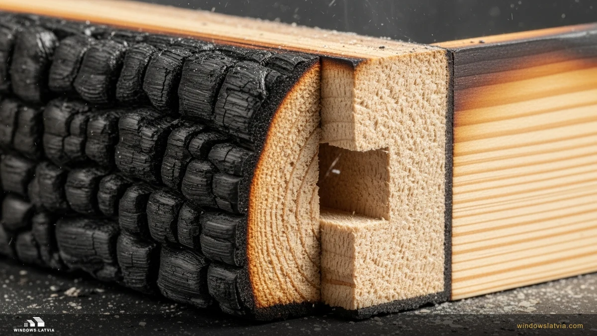 Огнестойкие деревянные окна EI30 EI45: обугленный наружный слой клеёной сосны после теста, сердечник целый