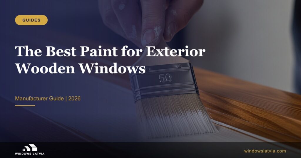 A 50mm synthetic-bristle paintbrush laying off fresh white waterborne topcoat with the grain on a laminated pine exterior window frame