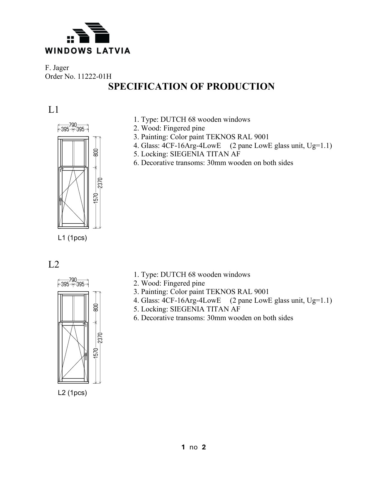 Dutch 68 koka logu tehniskais rasējums - F. Jager rezidence Nīderlande