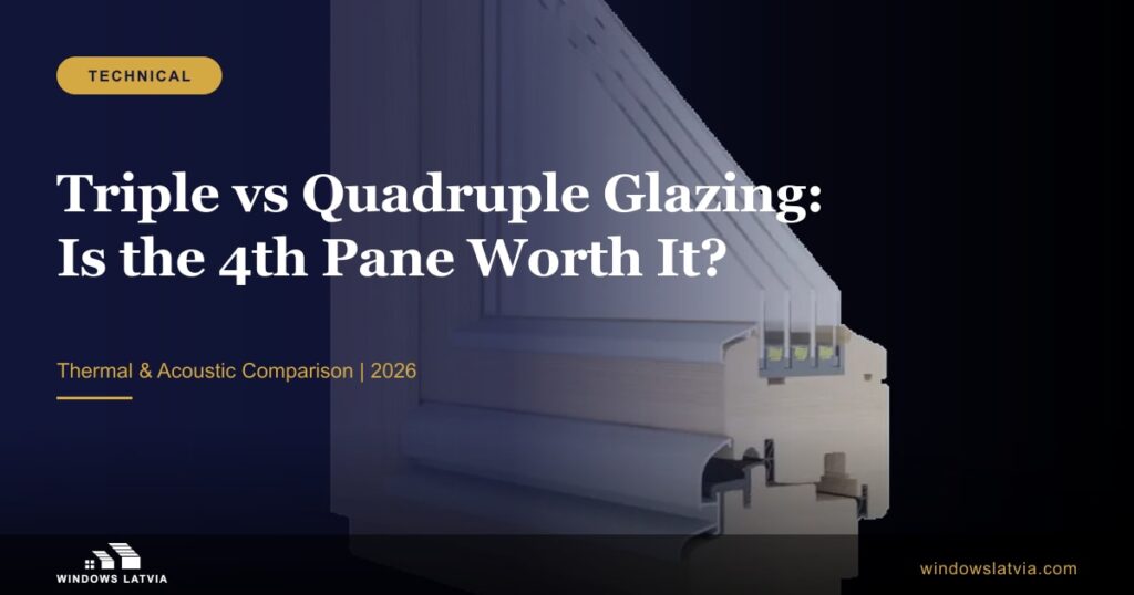 A 3D cutaway of a laminated pine quadruple-glazed profile showing four panes and inter-pane cavities