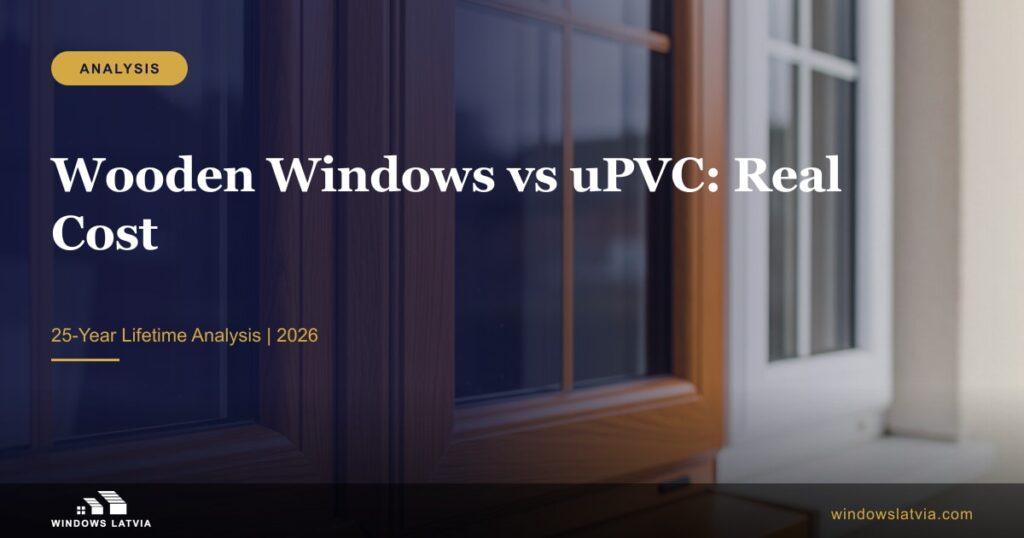 A warm-toned laminated pine timber casement in the foreground with a cooler white plastic window section on the right for a 25-year cost comparison