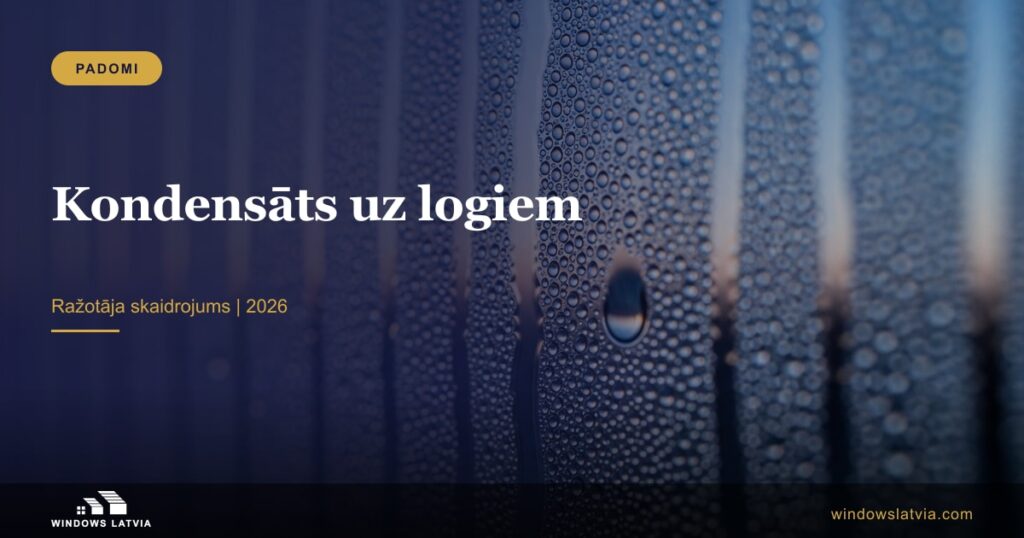 Kondensāts uz loga stikla - ūdens lāsītes uz vēsas stikla virsmas