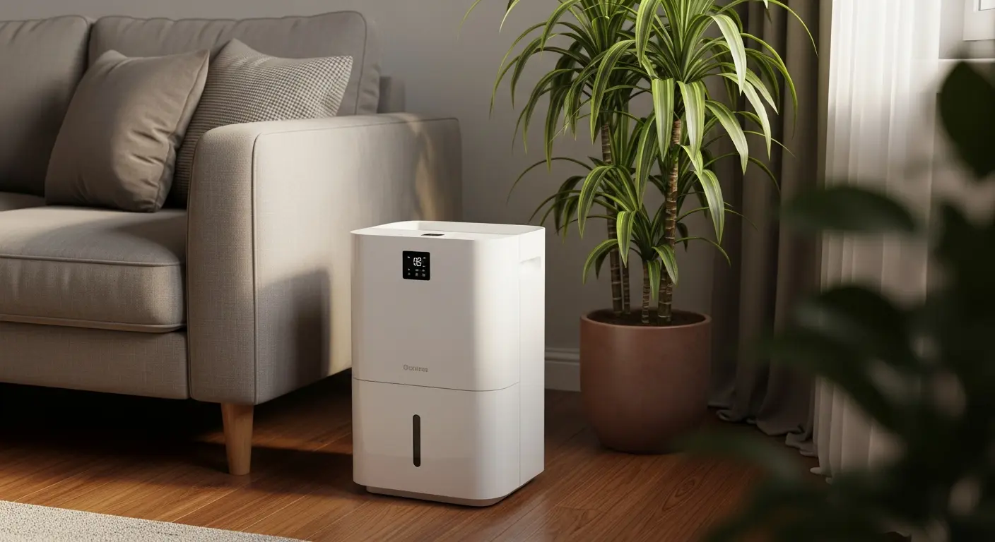 Compact dehumidifier collecting moisture in a living room - managing indoor humidity to stop condensation on windows