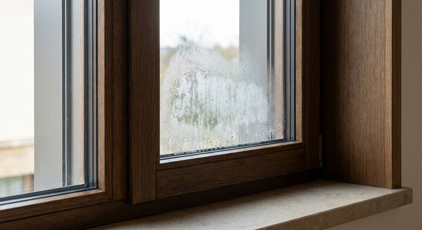 Trapped mist between the panes: no cloth reaches it, and no amount of airing the room will clear it.