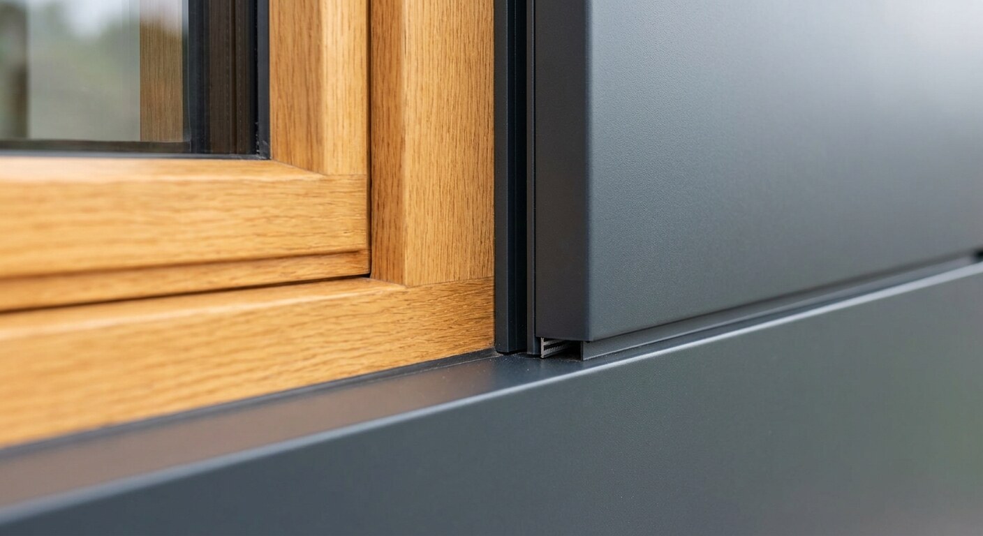 Eckdetail eines Holz-Alu-Fensters: warmer Holzrahmen innen, pulverbeschichtete Aluschale außen mit hinterlüftetem Abstand.