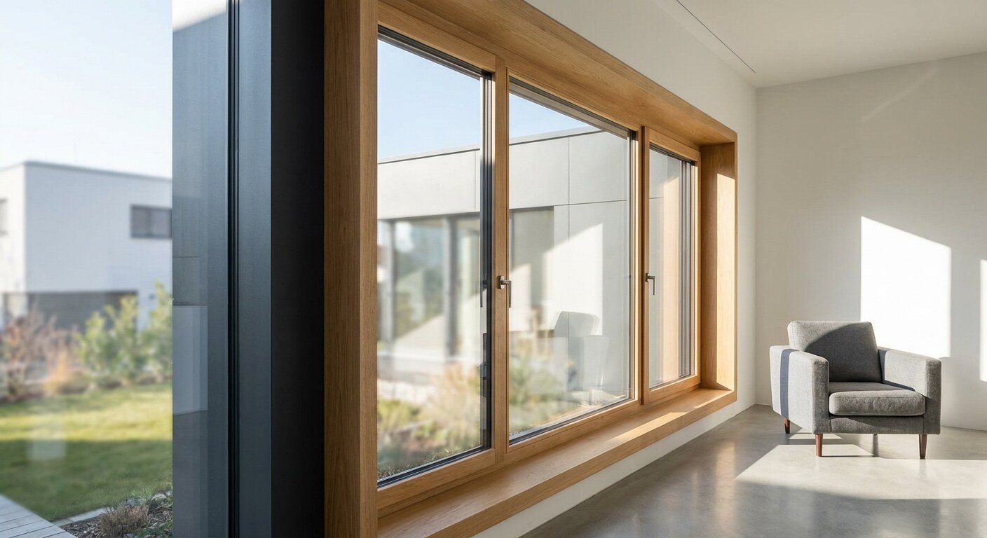 Holz-Alu-Fenster von innen: sichtbarer Holzrahmen, außen die anthrazitfarbene Aluschale in einem Rahmen.