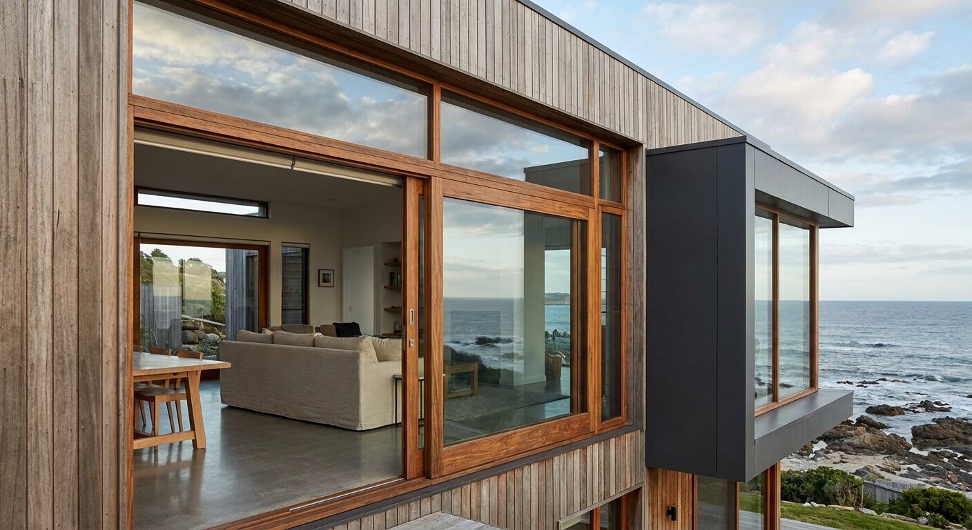 On exposed elevations the hinge, stay and screw specification matters as much as the timber species.