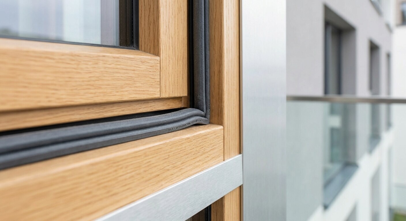 Gummidichtung im Falz eines Holzfensters, an der Ecke aus der Nut gelöst