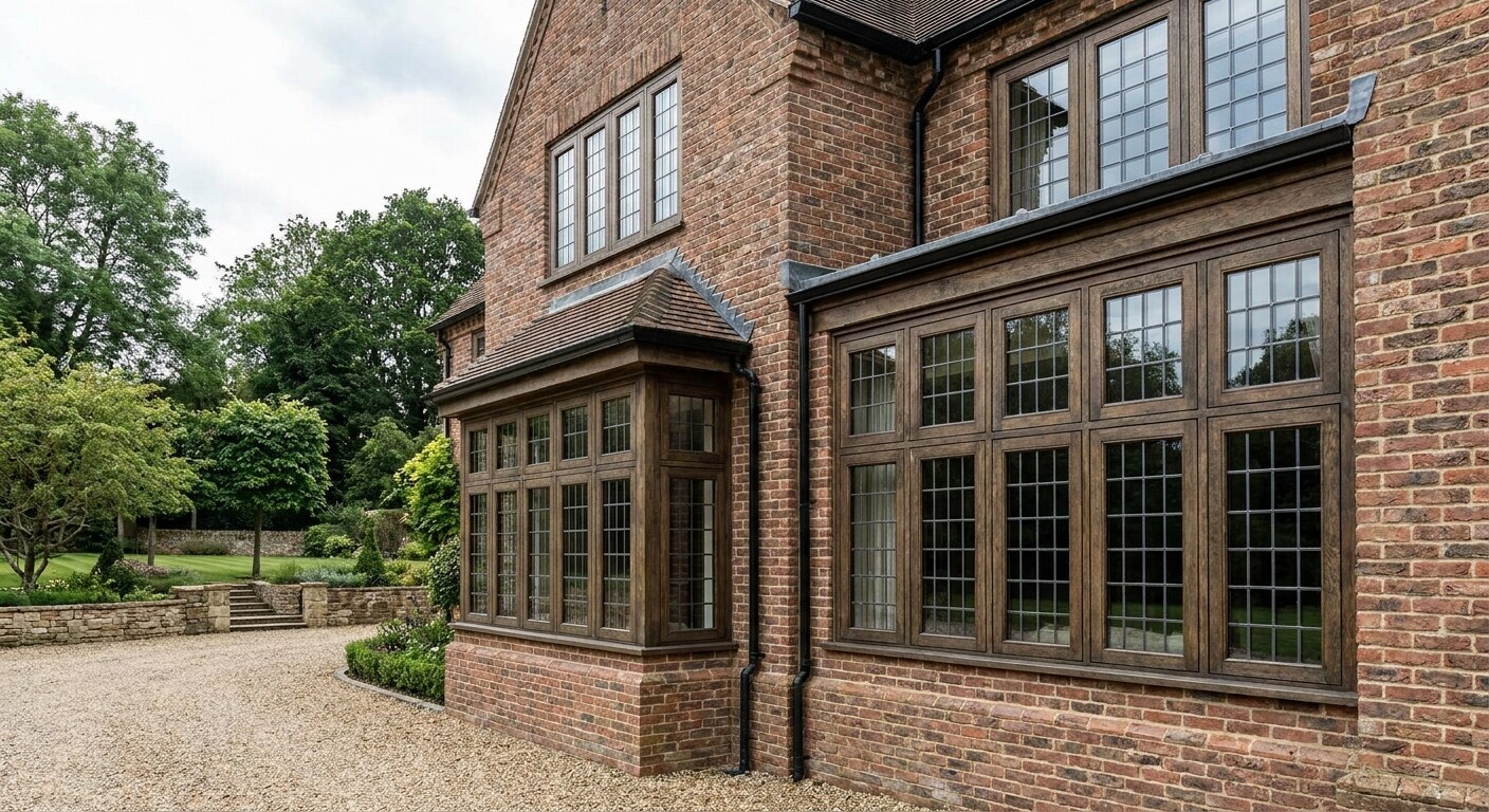 Dark-stained timber casement windows with glazing bars and a bay window on a red-brick house