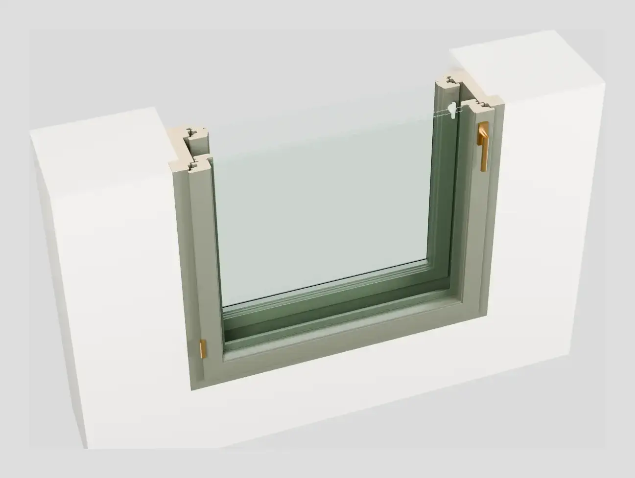 3D-Schnitt durch ein Holz-Kastenfenster mit Innenflügel, Außenflügel und Luftraum dazwischen