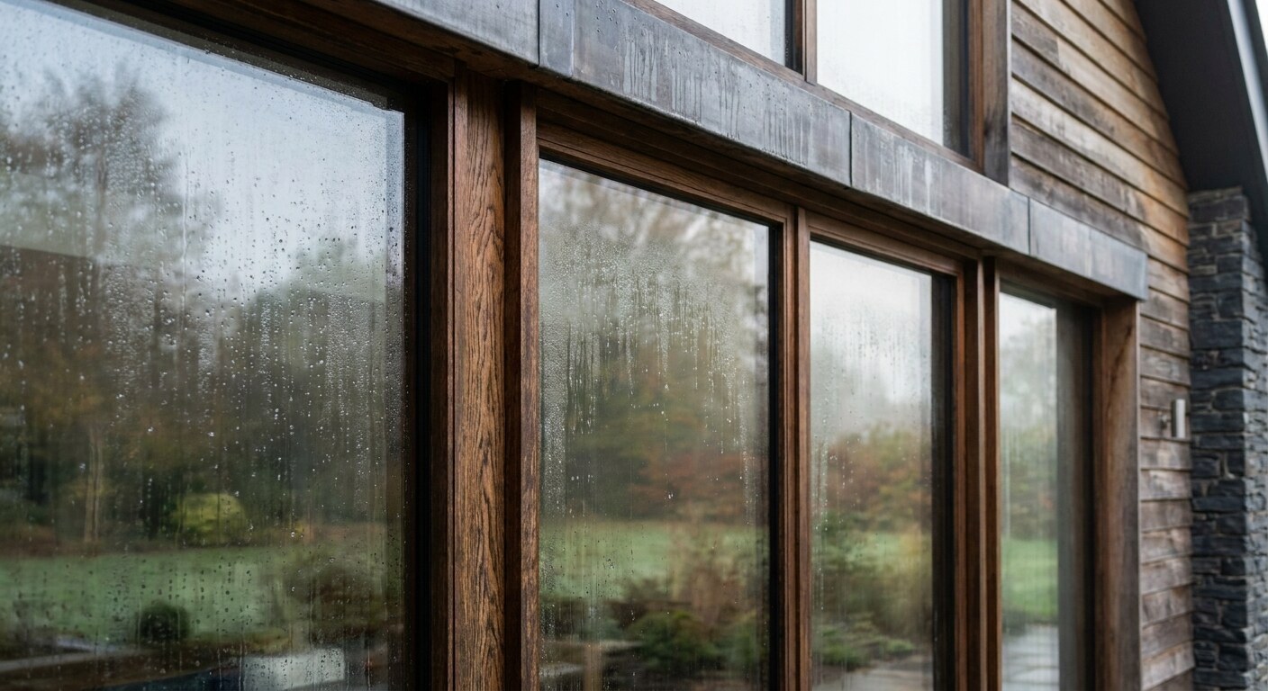 Fine droplets of dew covering the outer pane of a timber casement window