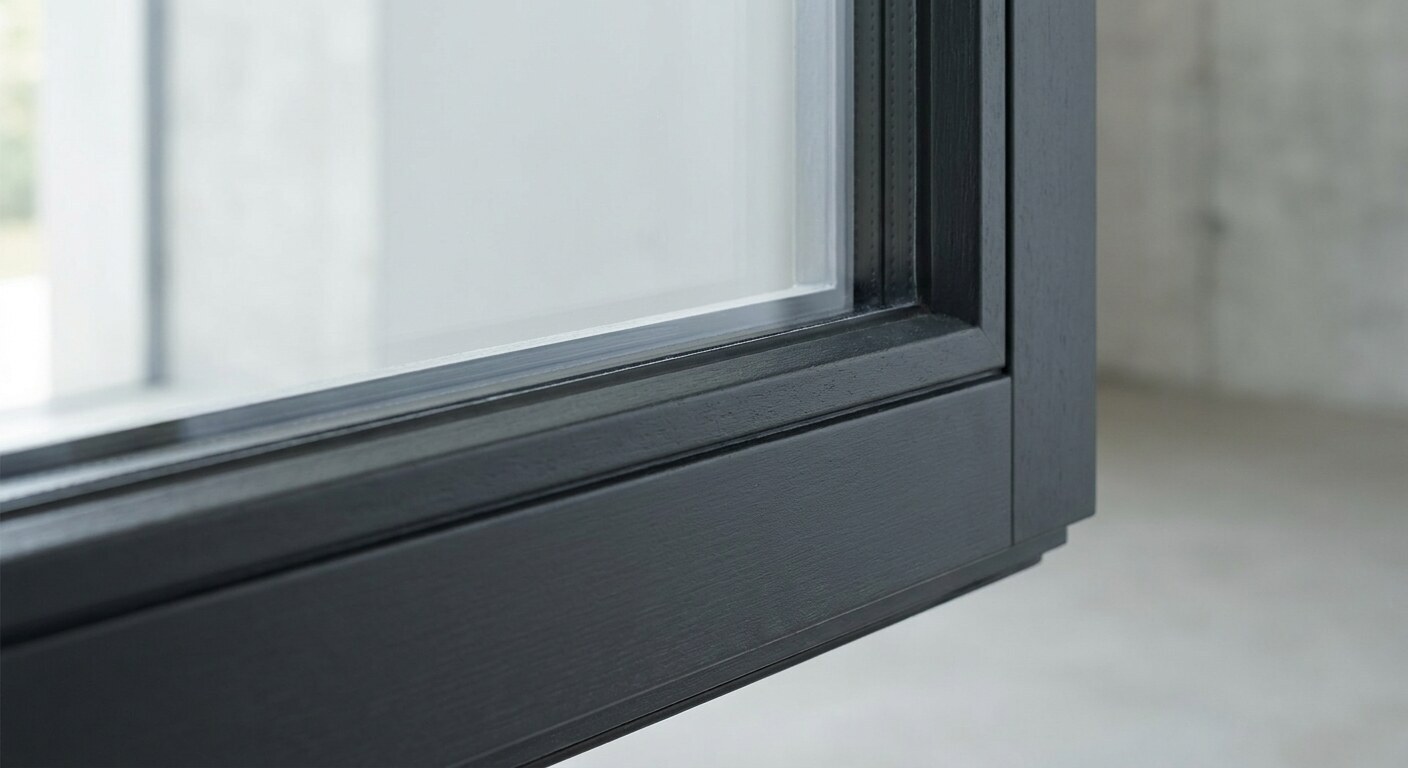 Close-up of the painted bottom rail and glazing bead of a timber window
