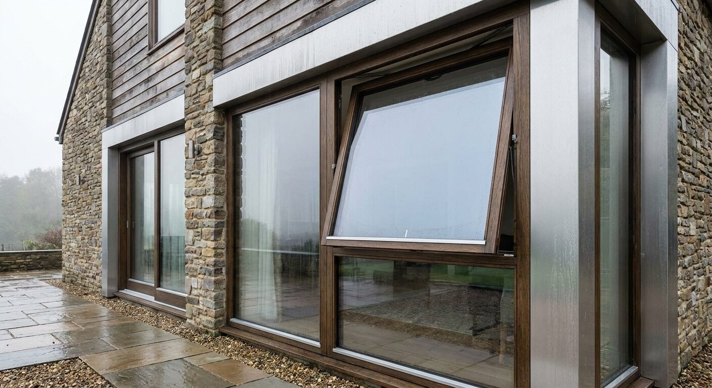 Row of triple-glazed timber windows on a shaded north-facing house wall