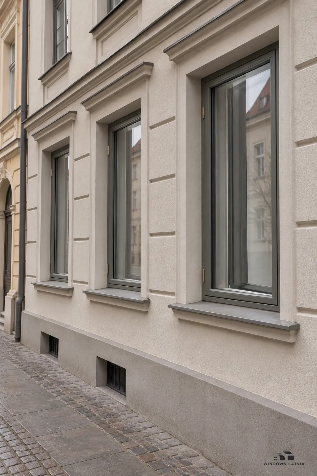 Timber double windows in the deep reveals of a historic townhouse facade