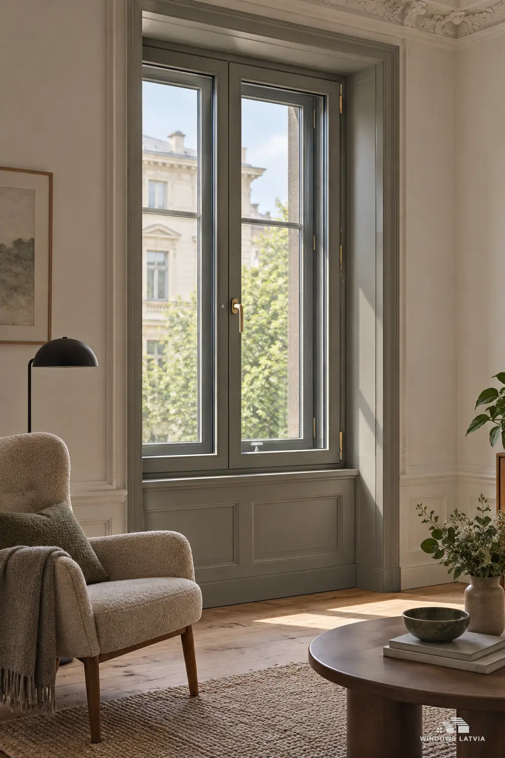 Closed timber double window in a deep timber-lined reveal of a historic apartment