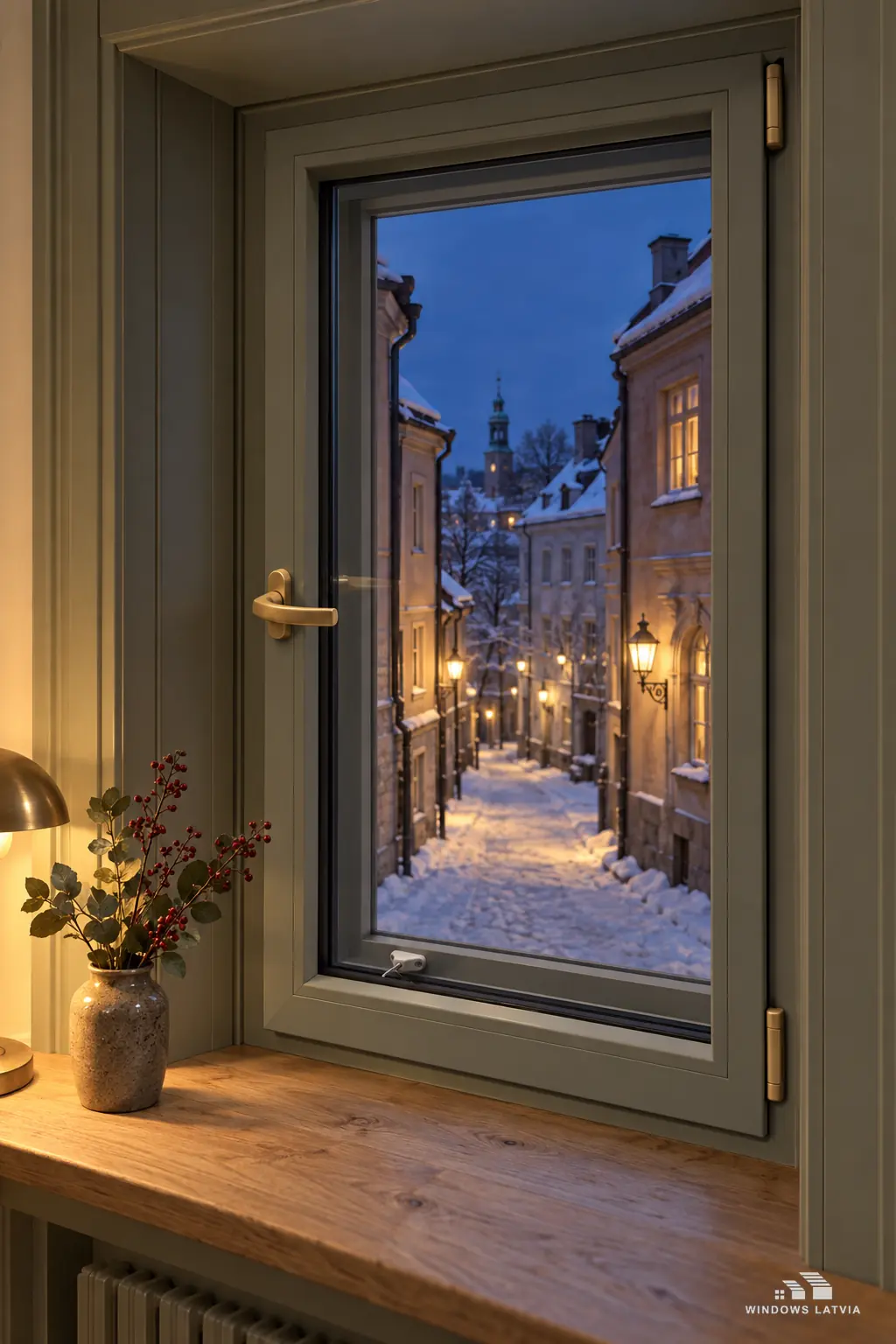 View through a closed timber double window onto a snowy old town street