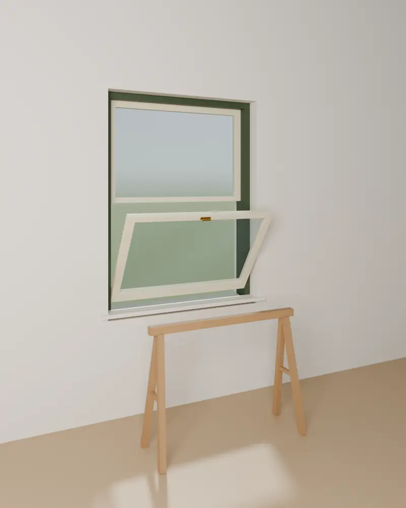 Moving lower sash opened and pressed down, guide pins turned with the key, top tipping into the room