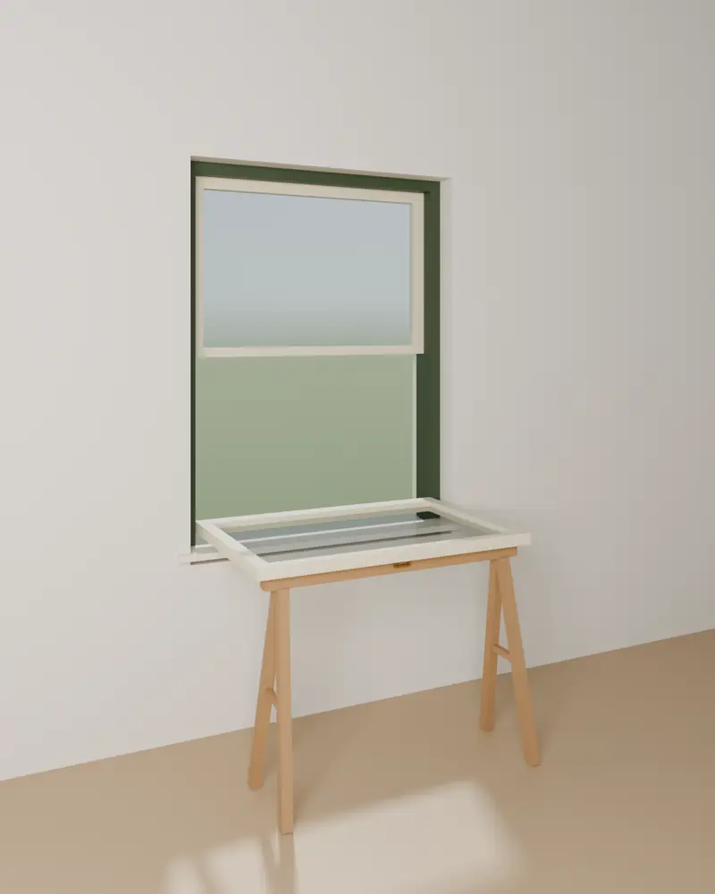 Moving lower sash lying flat on a firm support, outside face of the glass up