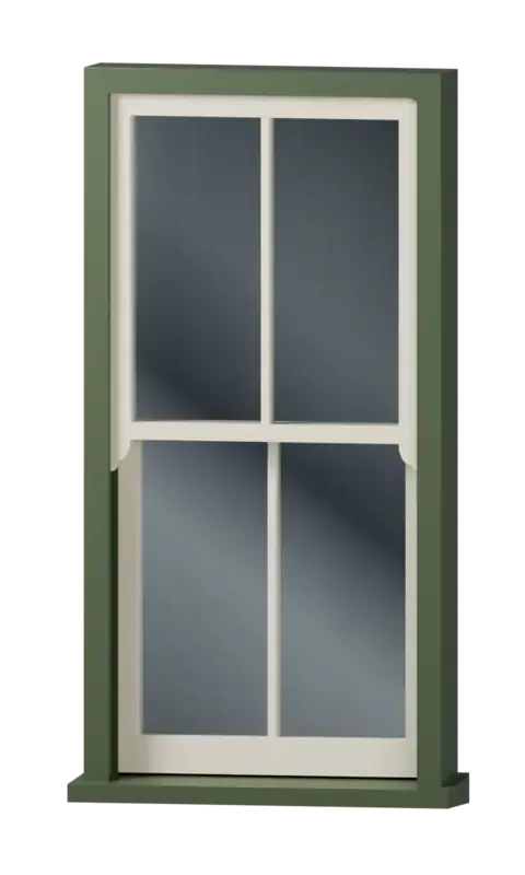 Timber sash window with 2 over 2 glazing: two panes in each sash, horns on the upper sash