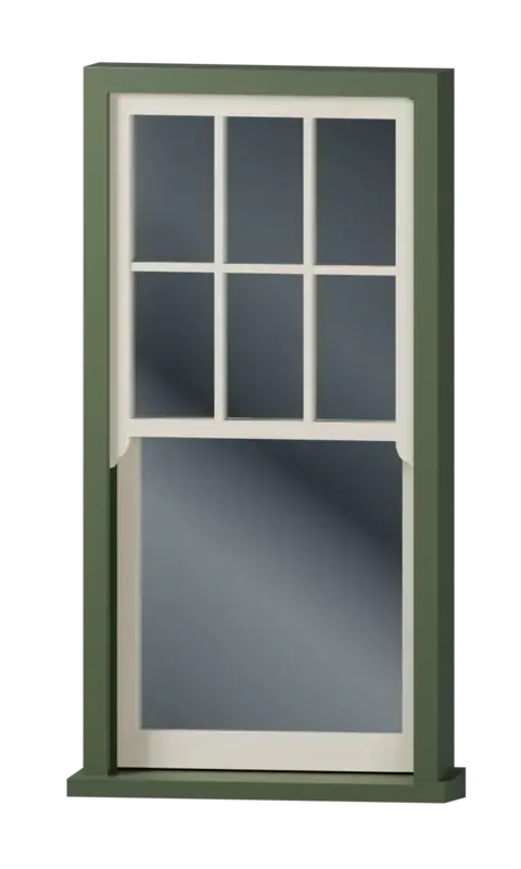 Timber sash window with 6 over 1 glazing: six panes in the upper sash, one below, horns on the upper sash