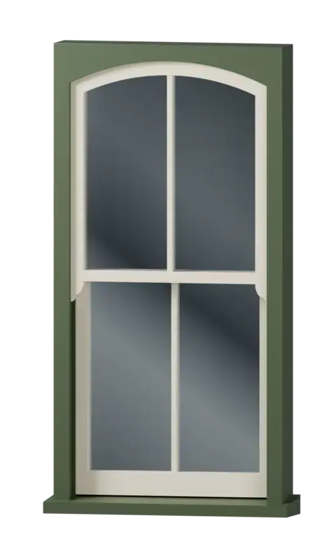 Timber sash window with a shallow segmental arched head on frame and sash, 2 over 2